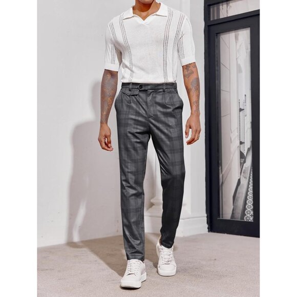 🆕 Men Grey Slim Fit Pants Flat Front Stretch Skinny Tapered Casual Trousers - Picture 4 of 6